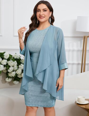 ZOMVA Plus Size Sparkly Formal Dress Suit 2 Piece Mother of The Bride Groom Chiffon Jacket Outfit Cocktail Evening in Kuwait
