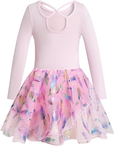 Phineein Girls' Long Sleeve Criss-Cross Back Dance Leotard with Dress Cutout Back in Kuwait