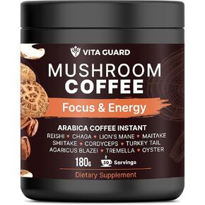 Vita Guard 10 Mushroom Coffee Instant Blend – Lion’s Mane, Cordyceps & Reishi – Premium Arabica with Coconut Powder – Focus, Energy & Immune Support | Cafe de Hongos – Rich & Smooth Adaptogenic Coffee