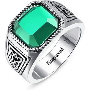 7ct Vintage Teal Turquoise|Emerald|Black Onyx Ring for Men 925 Sterling Silver Men Rings 11mm Square-Cut Mens Cocktail Rings Celtic Pattern Band for Dad Father Size 7-12