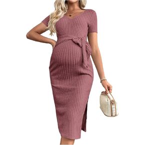 OYOANGLE Women's Maternity Ribbed Knit Short Sleeve Dress Belted V Neck Slit Hem Fitted Casual Dresses