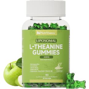 Liposomal L-Theanine Gummies, Sugar Free L Theanine 400mg Gummies Supplement for Adults & Kids, L-Theanine Chewable for Relax & Improved Focus, Enhanced Absorption, Vegan, Green Apple Flavor, 60 Count