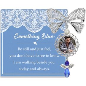 Something Blue Bridal Bouquet Charm Wedding Memorial Bride Shower Gift Wedding Bouquet Memorial for Mother Father DIY Photo Keepsake with Angel Bow Photo Locket