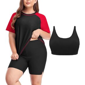 Inno Women's Plus Size 3 Piece Rash Guard Set with Bra Swimsuits Short Sleeve with Boyshorts UPF 50+ Surfing Swimwear