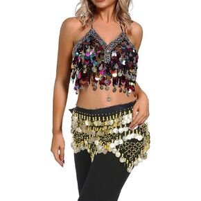 Women's 2 Pcs Belly Dance Costume Set Belly Dance Sequin Halter Bra Top and Coins Hip Scarf Wrap Belt