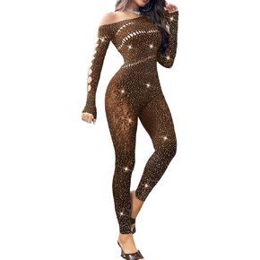 Sexy Club Outfits for Women Rhinestone Jumpsuit Off Shoulder Jumpsuits Long Sleeve Bodycon Romper Clubwear Rave Party