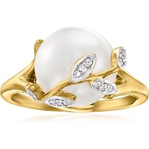 Ross-Simons 11-11.5mm Cultured Pearl Leaf Ring With Diamonds in 18kt Gold Over Sterling