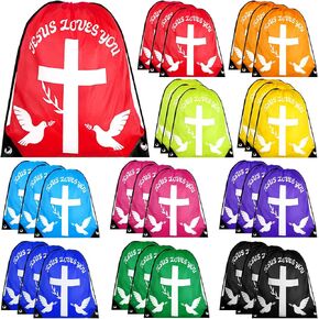 50 Pack Jesus Loves You Drawstring Backpack, 10 Bulk Easter Church Gifts Christian Religious Gift Bag Polyester Backpack, Bible Verse Party Favors for Bible School, Easter Bags