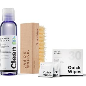 مجموعة Jason Markk Essential Kit & Wipes Bunddle ، منظف أحذية من قطعتين مع 30 عبوة من مناديل ، تنظيف عميق للفرشاة القلبية وفرشاة الجلد المدبوغ ، العناية بالأحذية وحذاء رياضة ، جلود الحبوب الكاملة ، المطاط ، والمزيد