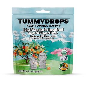 USDA Organic Jeju Inspired Mandarin Ginger Tummydrops, Gluten Free & Vegan, 33 Individually Wrapped Drops in a Resealable Bag