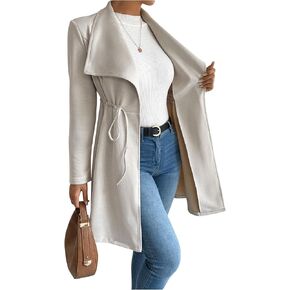 SOLY HUX Women's Open Front Lapel Collar Trench Coat Drawstring Waist Long Sleeve Elegant Coat Outerwear