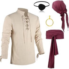 Boyiee 5 Pcs Men Pirate Costume Medieval Renaissance Viking Shirt Pirate Bandana Sash Belt for Carnival Cosplay Party
