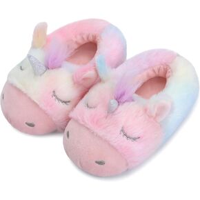 Bigwow Cute Girls Slippers Cartoon Animal Tie Dye Fuzzy Plush House Slipper Closed Heel Slip On Non-Slip Warm Indoor Shoes for Little Big Kids