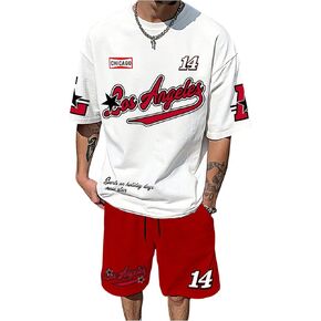 Men's 2 Piece Outfits Letter Graphic T Shirt and Drawstring Waist Track Shorts