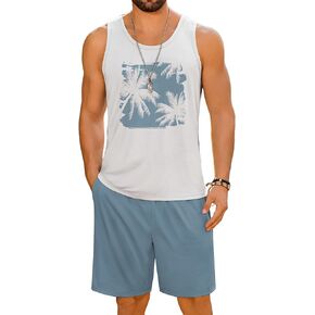 LecGee Men's Hawaiian Sleeveless Tracksuit Summer Tank top & Shorts set Aloha Tropical Two Piece Casual Daily Beach