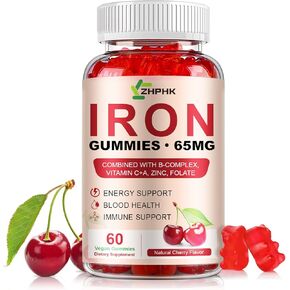 Iron Supplement Gummies for Women, Men & Kids, 65mg Iron & 250mg Vitamin C per Serving - Blood Builder & Immune Support Iron Vitamin Iron Gummy Vitamin with Folate, 2 Pack
