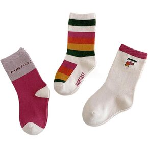 Kids Socks Ribbed Cuffs Crew Mid-Calf Stripes Polka Dot Color Block Grid Casual Socks for Kids 3 Pairs