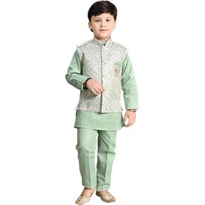 Boys Sequinned Mandarin Collar Straight Kurta With Trousers With Waistcoat