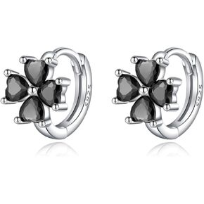 Reffeer Solid 925 Sterling Silver CZ Clover Flower Hoop Earrings Huggie for Women Teen Girls Black Clover Hoop Earrings Shamrock
