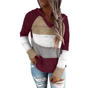 FEKOAFE Women's 2025 Fall Striped Color Block Hoodies Fashion V Neck Knit Sweater Pullovers