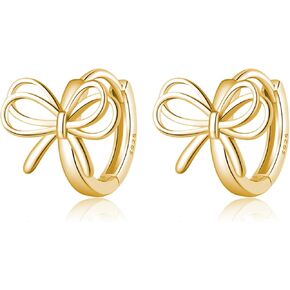 Reffeer Solid 925 Sterling Silver Bow Hoop Earrings Ribbon for Women Teens Bowknot Hoop Earrings Huggie