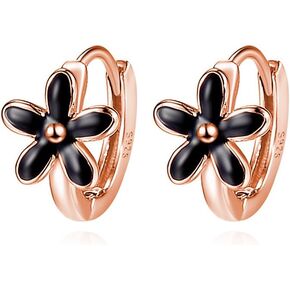 Reffeer Solid 925 Sterling Silver Daisy Flower Hoop أقراط Huggie للنساء المراهقات الزهرة الأسود أقراط الأقطاب الحلزونية