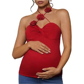 MakeMeChic Women's Maternity Tank Top 3D Flower Halter Twist Front Criss Cross Backless Pregnancy Camisole