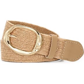 SUOSDEY Women Straw Woven Elastic Belt for Dresses,Boho Rattan Braided Stretch Ladies Waist Belt with Gold Buckle