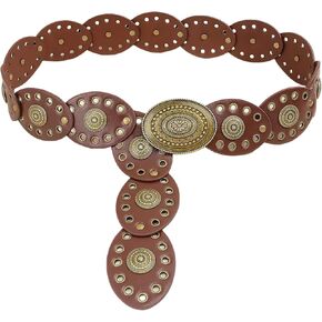 Western Chunky Wide Disc Belt for Women Boho Hollow PU Leather Waist Cowgirl Belt for Dresses Jeans with Metal Buckle