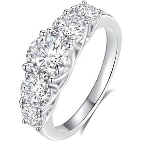 5 Stone 1ct Moissanite Ring for Women, 6.5MM D Color VVS1 Clarity Round Brilliant Lab-Grown Moissanite Engagement Wedding Promise Ring for Women, Anniversary and Bridal Gift, All Size