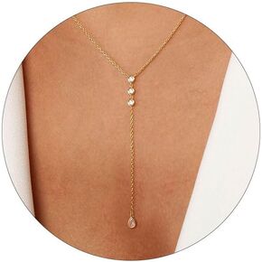 VRIUA Gold Necklace for Women, Dainty Gold Necklace 14K Gold Plated Lariat Pearl Y-Shaped Necklace Layered Bead Chain Diamond Drop Necklaces Minimalist Jewelry for Women