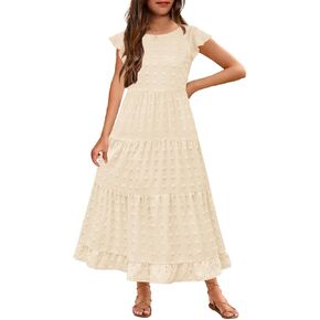 HOSIKA Girls Maxi Dress Ruffle Sleeve Swiss Dot A Line Tiered Flowy Casual Party Dresses with Pockets for 6-12 Y