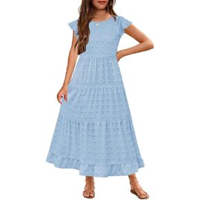 Hosika Girls Maxi Dress Sleeve Swiss Swiss A Line Tiered Flowy Disual Party Dresses with Mobicets for 6-12 y in Kuwait