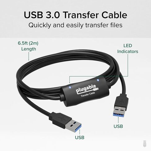 Plugable Windows Transfer Cable 6.6ft (2m), Thunderbolt 10Gbps, Bundled with Bravura Software for Windows PC to PC Migration - Unlimited Uses. Works Between Thunderbolt, USB4 PCs in Kuwait