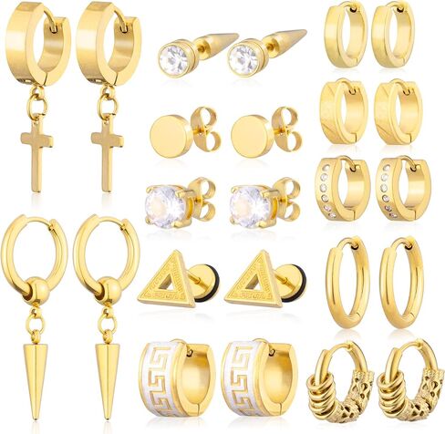 12 Pairs Earrings for Men Black Gold Silver Men Earrings Stainless Steel Mens Stud Earrings Set Hypoallergenic Cross Dangle Hoop Earrings Fashion Piercing Jewelry Gift for Men Women in Kuwait