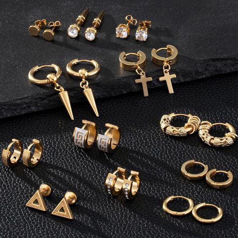 12 Pairs Earrings for Men Black Gold Silver Men Earrings Stainless Steel Mens Stud Earrings Set Hypoallergenic Cross Dangle Hoop Earrings Fashion Piercing Jewelry Gift for Men Women in Kuwait
