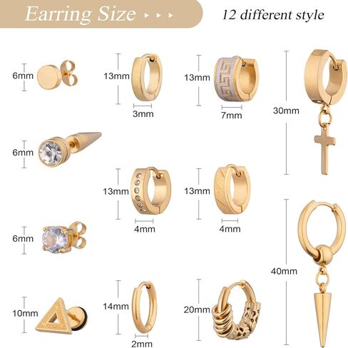 12 Pairs Earrings for Men Black Gold Silver Men Earrings Stainless Steel Mens Stud Earrings Set Hypoallergenic Cross Dangle Hoop Earrings Fashion Piercing Jewelry Gift for Men Women in Kuwait