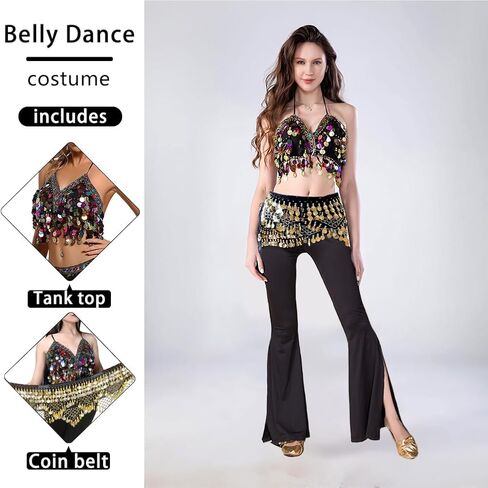 مجموعة أزياء رقص البطن للسيدات 2 PCS مجموعة رقص البطن ترتقة HALTER BRA TOP و COINS HIP DICK in Kuwait