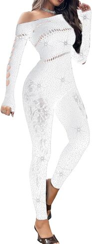 Sexy Club Outfits for Women Rhinestone Jumpsuit Off Shoulder Jumpsuits Long Sleeve Bodycon Romper Clubwear Rave Party in Saudi Arabia