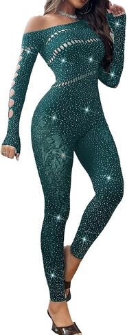 Sexy Club Outfits for Women Rhinestone Jumpsuit Off Shoulder Jumpsuits Long Sleeve Bodycon Romper Clubwear Rave Party in Saudi Arabia