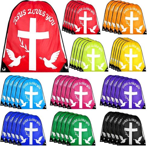 50 Pack Jesus Loves You Drawstring Backpack, 10 Bulk Easter Church Gifts Christian Religious Gift Bag Polyester Backpack, Bible Verse Party Favors for Bible School, Easter Bags in Saudi Arabia