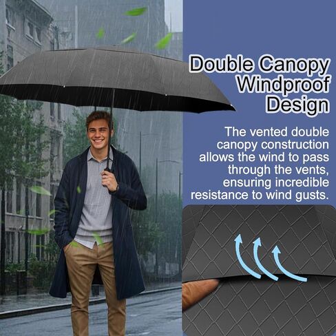 مظلة غولف كبيرة من ساتول، مقاومة للرياح 10 أضلاع أوتوماتيكية مفتوحة/مغلقة، مظلة مزدوجة كبيرة الحجم مزودة بفتحات تهوية، مظلة قابلة للطي محمولة للسفر، عامل حماية من الأشعة فوق البنفسجية 50+، مقاومة للرياح والشمس والمطر، مظلات خفيفة الوزن مدمجة للخارج، أسود in Kuwait