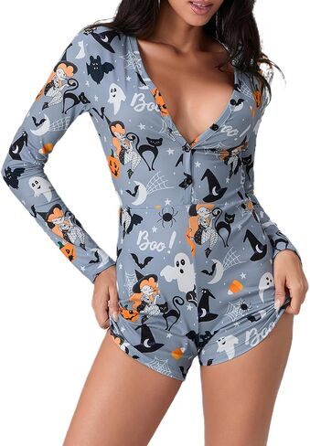 Miqil Women's Halloween Sexy Bodycon Printed Short Jumpsuit Low Cut Deep V Neck Long Sleeve Onesie One Piece Pajama Sleepwear in Saudi Arabia