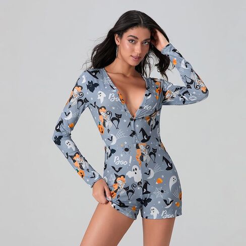 Miqil Women's Halloween Sexy Bodycon Printed Short Jumpsuit Low Cut Deep V Neck Long Sleeve Onesie One Piece Pajama Sleepwear in Saudi Arabia