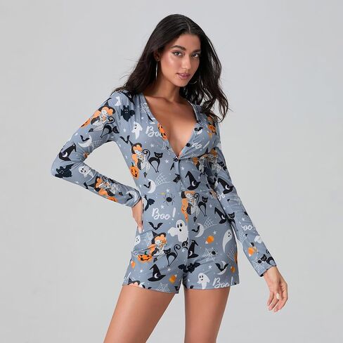 Miqil Women's Halloween Sexy Bodycon Printed Short Jumpsuit Low Cut Deep V Neck Long Sleeve Onesie One Piece Pajama Sleepwear in Saudi Arabia