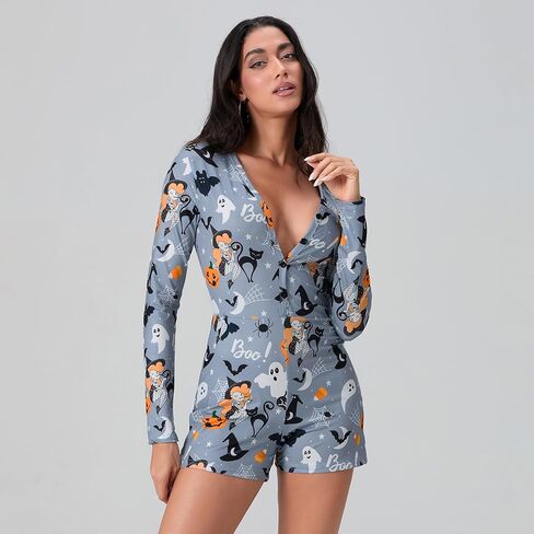 Miqil Women's Halloween Sexy Bodycon Printed Short Jumpsuit Low Cut Deep V Neck Long Sleeve Onesie One Piece Pajama Sleepwear in Saudi Arabia