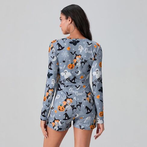 Miqil Women's Halloween Sexy Bodycon Printed Short Jumpsuit Low Cut Deep V Neck Long Sleeve Onesie One Piece Pajama Sleepwear in Saudi Arabia