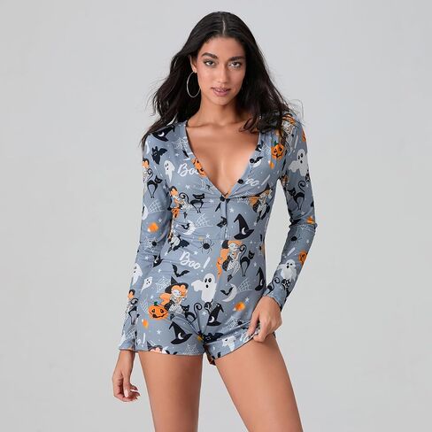 Miqil Women's Halloween Sexy Bodycon Printed Short Jumpsuit Low Cut Deep V Neck Long Sleeve Onesie One Piece Pajama Sleepwear in Saudi Arabia