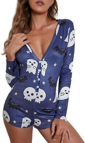 Miqil Women's Halloween Sexy Bodycon Printed Short Jumpsuit Low Cut Deep V Neck Long Sleeve Onesie One Piece Pajama Sleepwear in Saudi Arabia