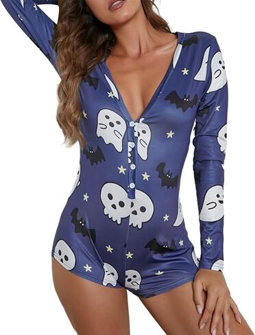 Miqil Women's Halloween Sexy Bodycon Printed Short Jumpsuit Low Cut Deep V Neck Long Sleeve Onesie One Piece Pajama Sleepwear in Saudi Arabia